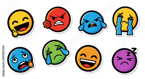 Set of expressive emoji stickers conveying various emotions like happiness, anger, sadness, and sleepiness.