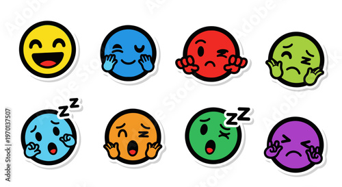 Set of Colorful Emoji Stickers Expressing Various Emotions