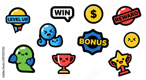 Kawaii Game Icons: Level Up, Win, Reward, Bonus, Trophy, Star, Coin, Cute Characters