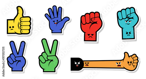 Funny Cartoon Hands Gestures Icons Set, Thumbs Up, Peace Sign, Fist, Rock Paper Scissors