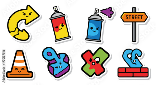 Cute Graffiti Street Art Icons: Spray Cans, Arrow, Traffic Cone, Sign, Abstract Shapes