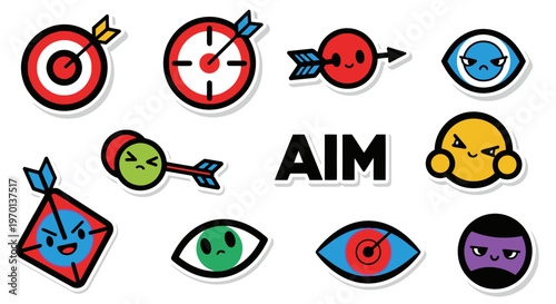 Cute Target and Eye Stickers with AIM Text - Goal Achievement Concept