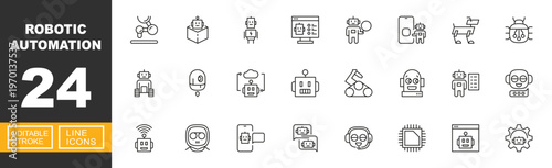 Robotic Automation and Intelligent Systems. Includes Industrial Robot Arm, Educational Bot, Smart Processor, Robotic Dog, AI Customer Support. Editable stroke line icons.