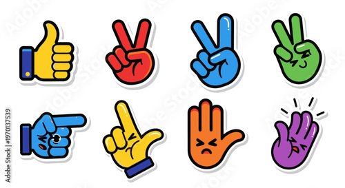 Colorful Hand Gesture Icons Set: Thumbs Up, Peace Signs, Pointing, Shaka, Angry Face