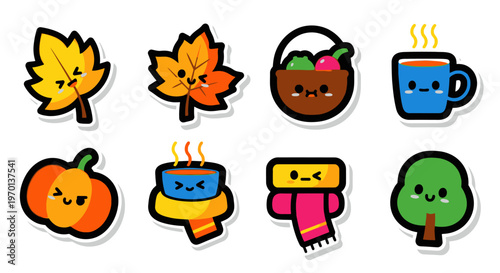 Cute Kawaii Autumn Sticker Set: Leaves, Pumpkin, Hot Drink, Scarf, Tree, Basket