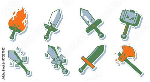 Pixel Art Weapons Collection: Swords, Axe, Hammer, Fiery Blade