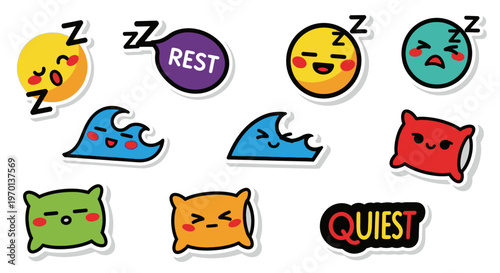 Cute Sleepy Emoticons and Pillows Stickers Set
