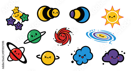 Cute Space Kawaii Stickers: Stars, Planets, Sun, Galaxy, Clouds, Bees