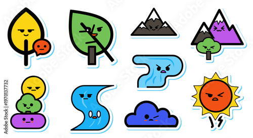 Cute Nature Elements Stickers: Sun, Cloud, River, Mountains, Trees, Leaf