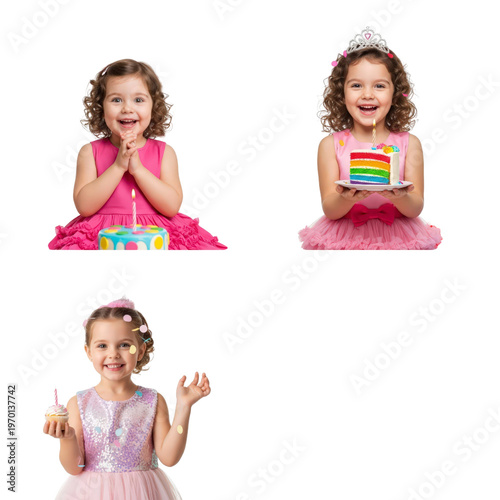Three girls celebrating birthdays with cake and cupcakes