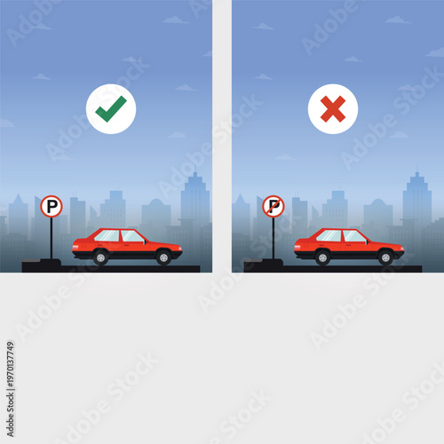 Vector illustration of correct and incorrect car parking with parking and no parking signs in urban city background
