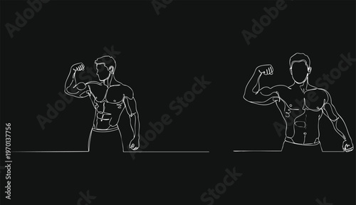 Continuous single line drawing of fit man flexing arm muscles, line art vector
