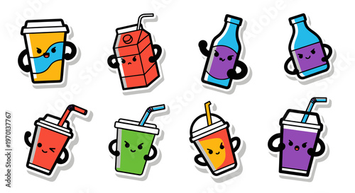 Cute Kawaii Drinks Characters Stickers Set