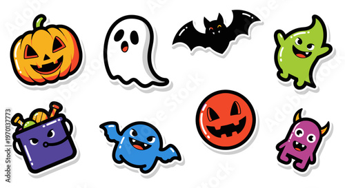 Cute Halloween Characters: Pumpkin, Ghost, Bat, Monsters, Candy Bucket