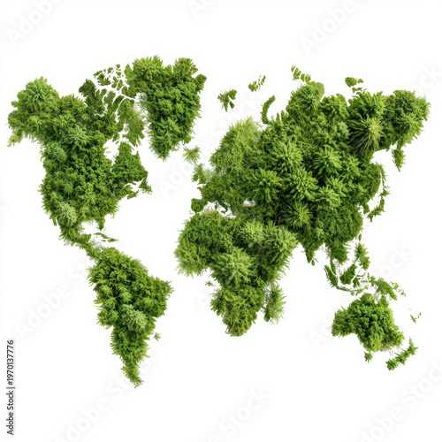 World map created from lush green foliage symbolizes environmental awareness and sustainability. This artistic representation highlights importance of nature and conservation efforts globally