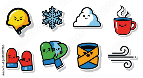 Cute Winter Icons: Snowflakes, Mittens, Hot Drink, Cloud, Wind, and More