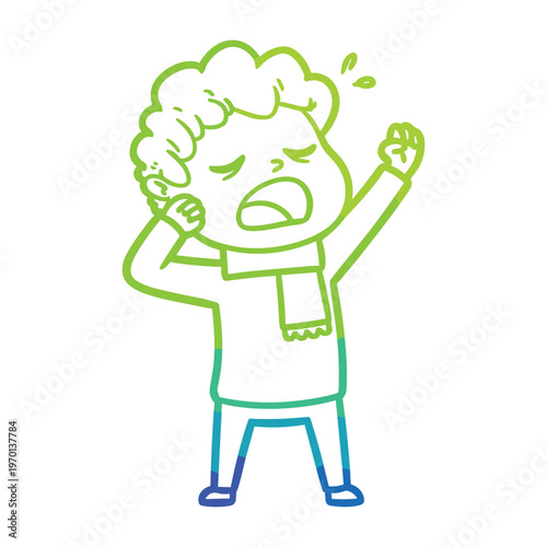 A cartoon man yawning and stretching with his arms raised while wearing a scarf and sweater.