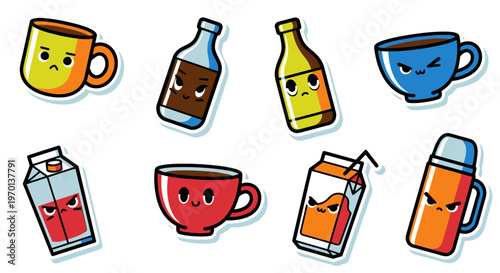 Cute Cartoon Drink Containers with Angry Faces Sticker Pack