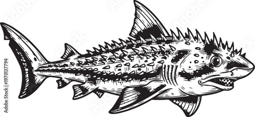 Detailed black and white illustration of a spiny dogfish shark swimming gracefully hand drawing illustration vector