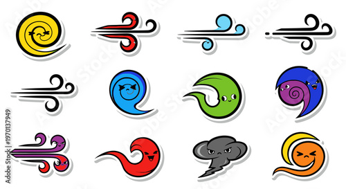 Set of stylized wind icons with faces, cartoon characters, vector illustration