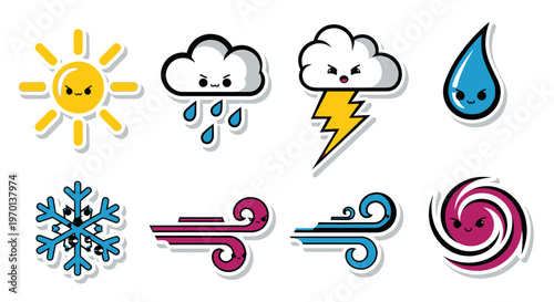 Cute Weather Icons: Sun, Rain, Storm, Snowflake, Wind, Hurricane