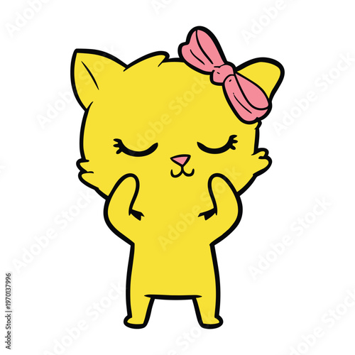 Cute yellow cartoon cat with a pink bow on its head and closed eyes standing on a white background.