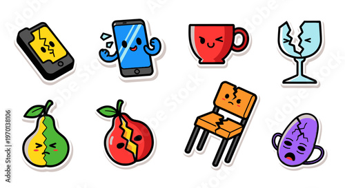 Kawaii Broken Objects Stickers: Phone, Cup, Glass, Pear, Chair, Egg