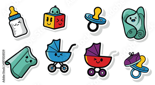 Cute Baby Stuff Stickers: Stroller, Bottle, Pacifier, Blanket, Shoe