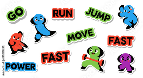 Cute Cartoon Characters with Motivational Words for Fitness and Activity