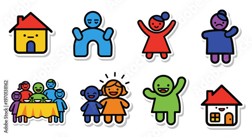 Cute Cartoon People and Houses Sticker Pack - Emotions and Family Fun