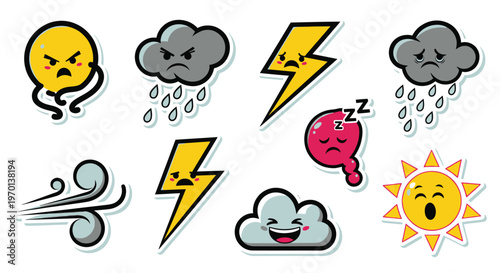 Cute Weather Emoticons: Sun, Clouds, Rain, Lightning, Wind, Sleep