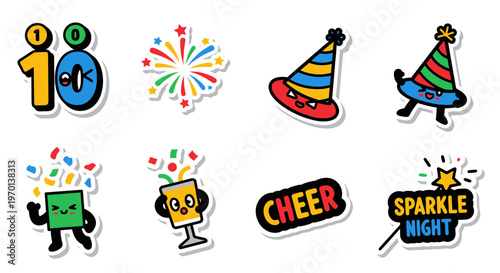 Cute Cartoon Celebration Stickers: Numbers, Hats, Fireworks, Cheer, Sparkle
