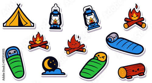 Cute Camping Stickers: Tent, Lanterns, Campfires, Sleeping Bags, Moon
