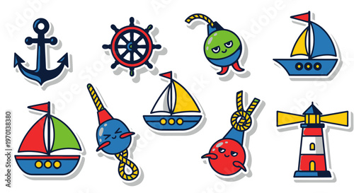 Nautical Icons: Anchor, Ship Wheel, Boats, Buoys, Lighthouse, Rope Knot