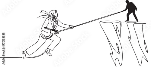 Arabian businesswoman climbs cliff with rope. Almost successful. Rudely dropped by a business friend. Fake partner. Worst teamwork. One line draw graphic design vector