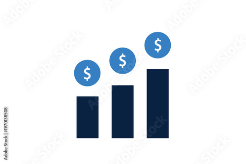 Ascending bar chart with dollar coins on top for financial growth and profit increase.