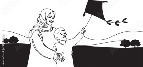 Arabian mother and her son playing kite at outfield park together vector illustration. Happy Islamic muslim family parenting concept. One line draw graphic design vector