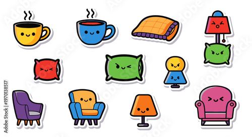 Kawaii Cozy Home Elements Sticker Pack: Mugs, Blankets, Lamps, Armchairs