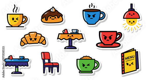 Cute Kawaii Coffee Shop Stickers: Angry Mugs, Croissant, Pastry, Menu, Lamp