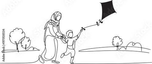 Arabian mother and her son playing kite at outfield park together vector illustration. Happy Islamic muslim family parenting concept. One line draw graphic design vector