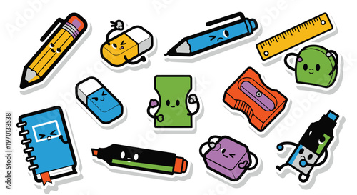 Cute Cartoon Stationery Stickers with Faces: Pencils, Erasers, Notebook, Ruler