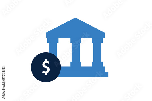 Blue bank building with a circular dollar coin in front for financial services and banking.