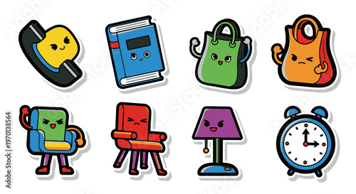 Cute Cartoon Objects with Faces - Phone, Book, Bags, Chairs, Lamp, Alarm Clock