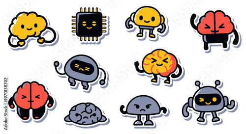 Cute Robot and Brain Character Stickers Collection - AI, Technology, Emotion