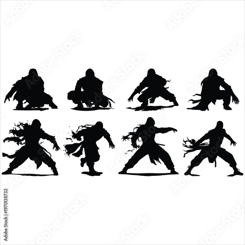 Stealthy Ninja Silhouettes Set - Masked Shinobi Assassin Poses in Various Action and Combat Stances Vector