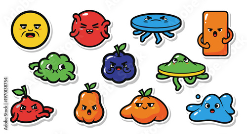 Cute Kawaii Cartoon Characters Set, Funny Faces Sticker Collection