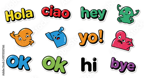 Cute Cartoon Stickers: Greetings & Phrases