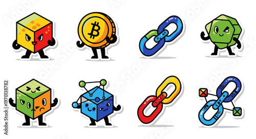 Crypto Blockchain Characters: Bitcoin, Dice, Links, Network Nodes