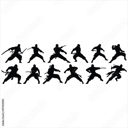 Ninja Warrior Silhouette Collection - Large Set of Japanese Shinobi Poses with Katana Swords Action Vector