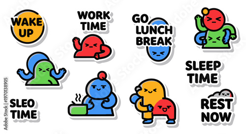 Cute Cartoon Character Stickers: Wake Up, Work, Lunch, Sleep, Rest